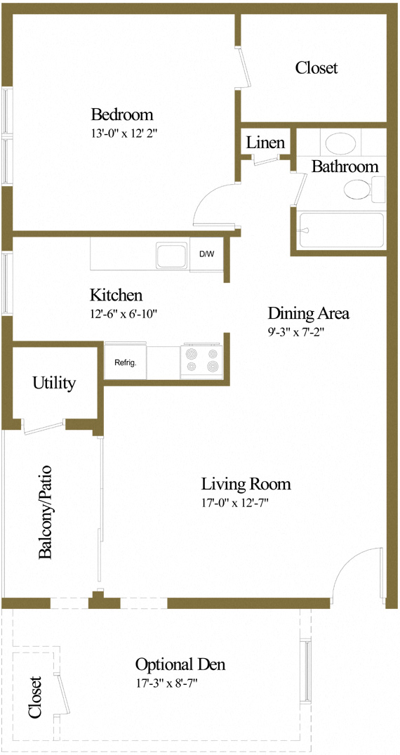 Floor plan for 1 bed, 1 bath, 563 sqft